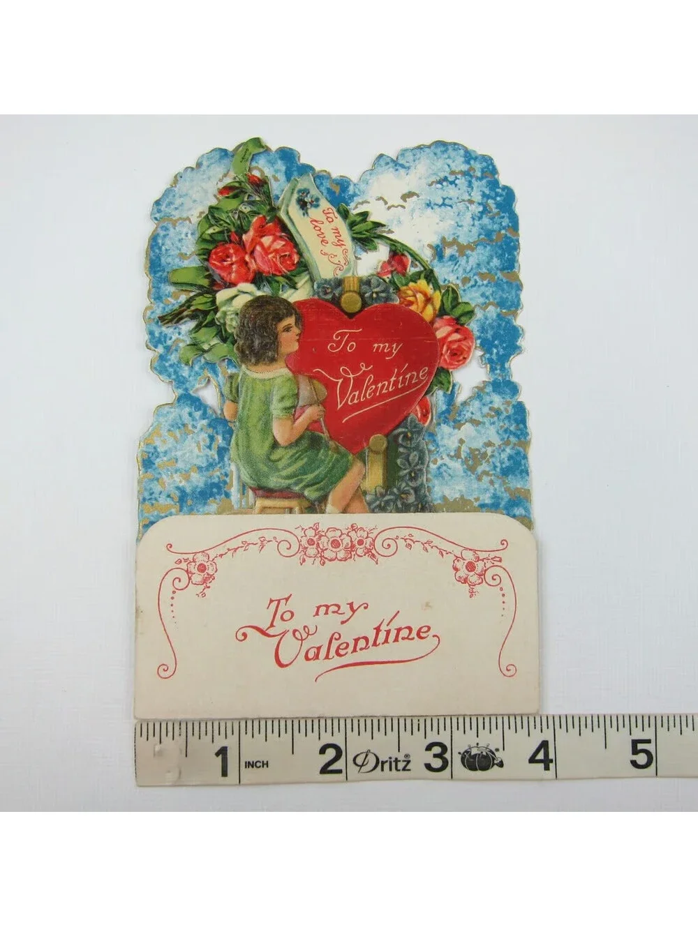 Vintage Valentine Honeycomb 3D Pop Up Die Cut Girl Painter Blue Red Heart Roses